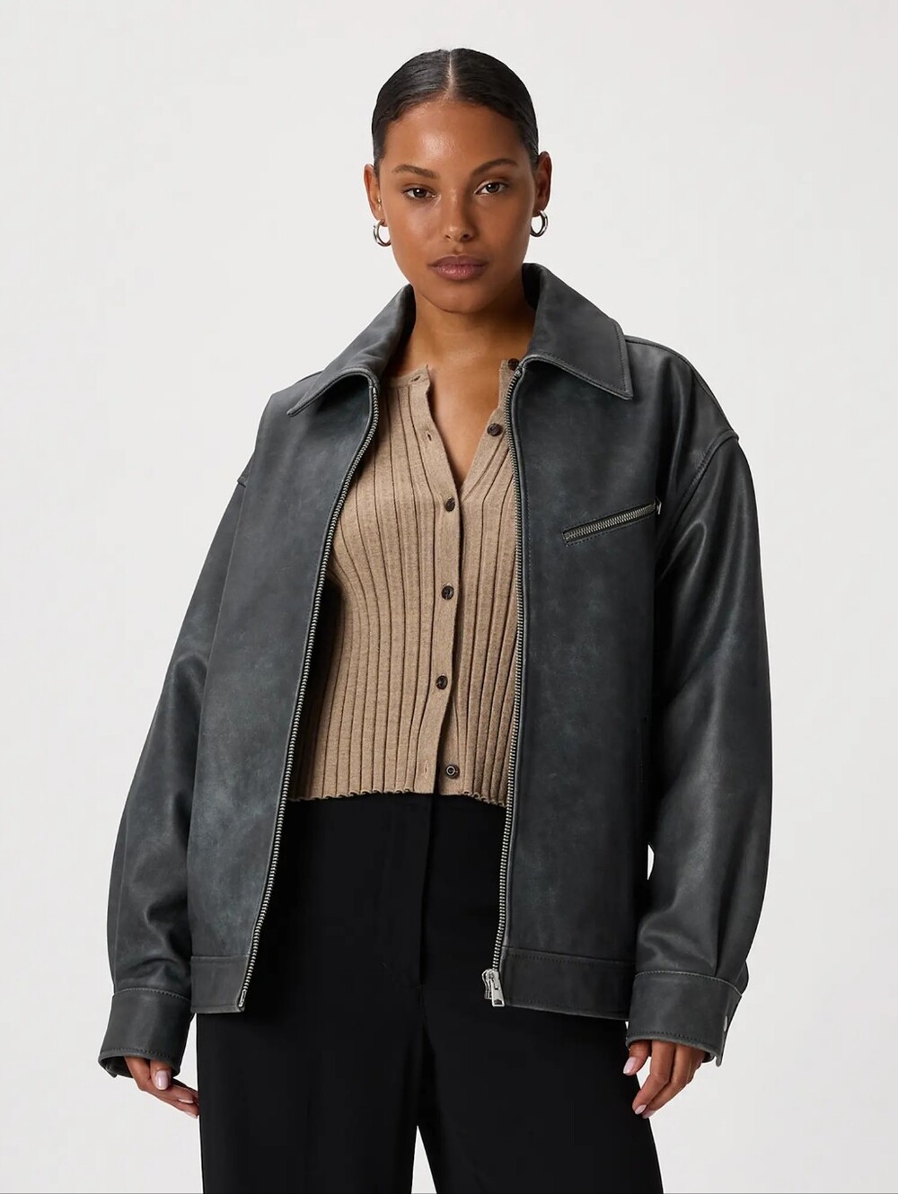 QUINCE 100% Sheep Leather Oversized Bomber Jacket In Distressed Black M.